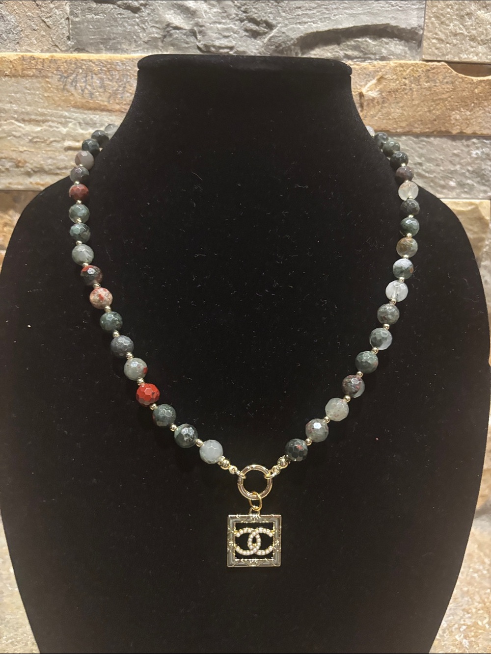Multicolored Natural Stone Beaded Necklace with Gold CC Square Pendant